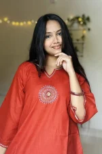 Burnt Orange Hand Stitched Cotton Kurti - Image 2