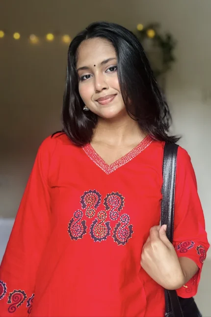 Red Hand Stitched Cotton Kurti