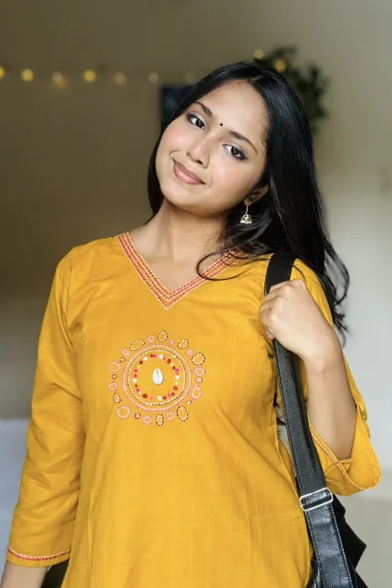 Yellow Hand Stitched Cotton Kurti