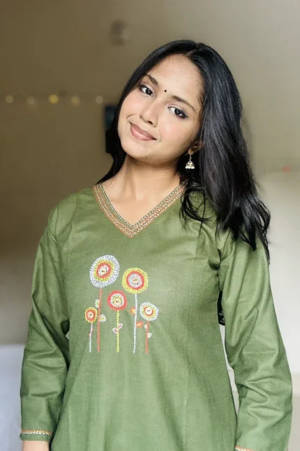 Olive Hand Stitched Cotton Kurti