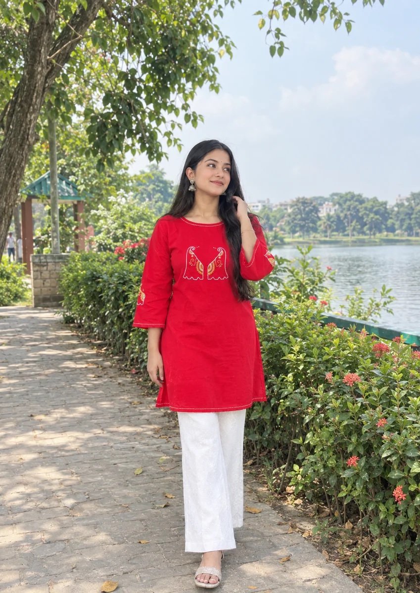img_8954 Red Hand Stitched Cotton Kurti - Image 1